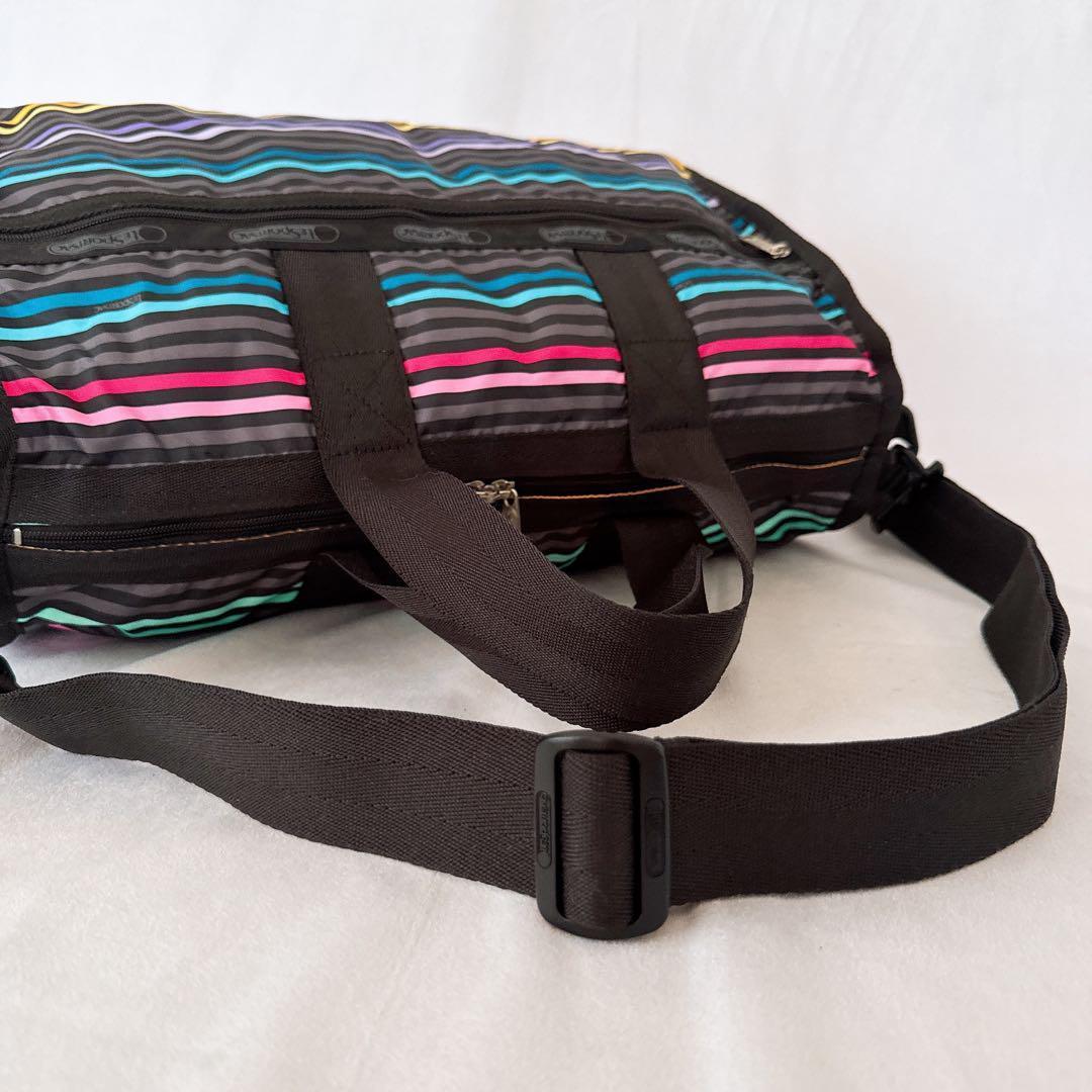 極美品ポーチ付きレスポートサック レストライプ ブラック ボストンバッグ黒 緑