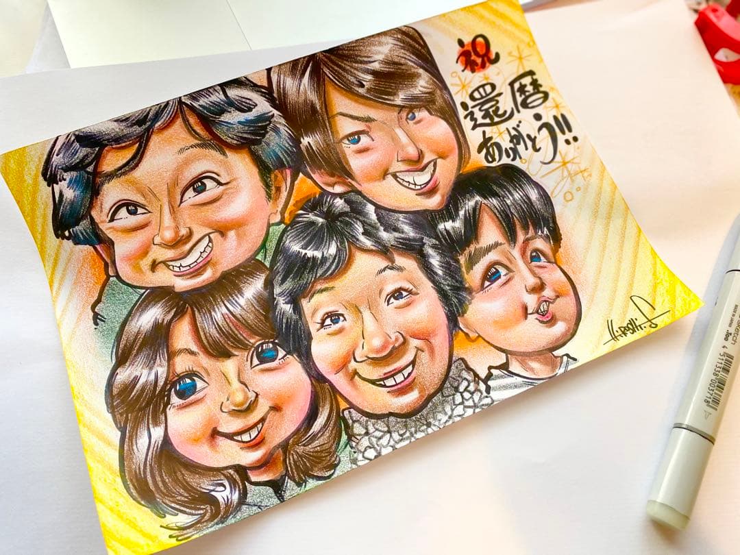 世界で1枚の手描きのオーダーメイド似顔絵★家族一緒に★記念日★誕生日