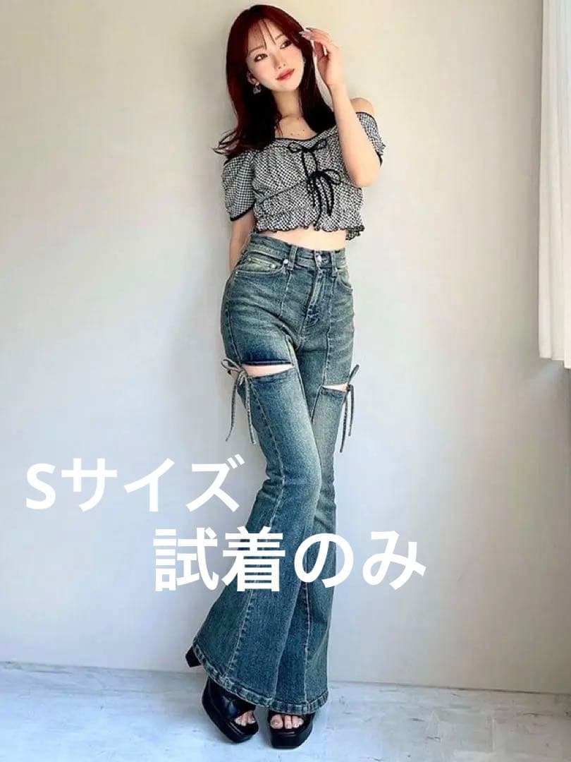 RESEXXY リゼクシー　カットアウトリボンデニムパンツ ブルー Sサイズ