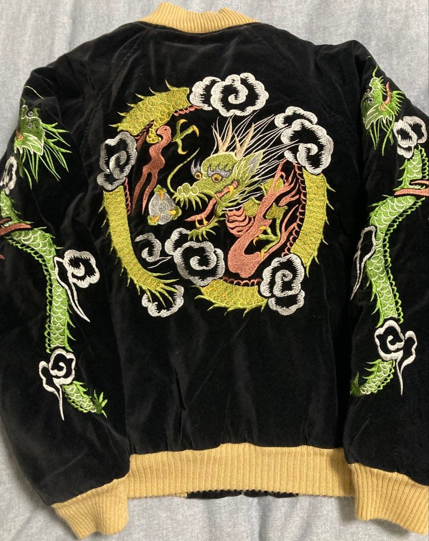 80s90s OLDヒューストン Houston別珍スカジャン黒 龍 M