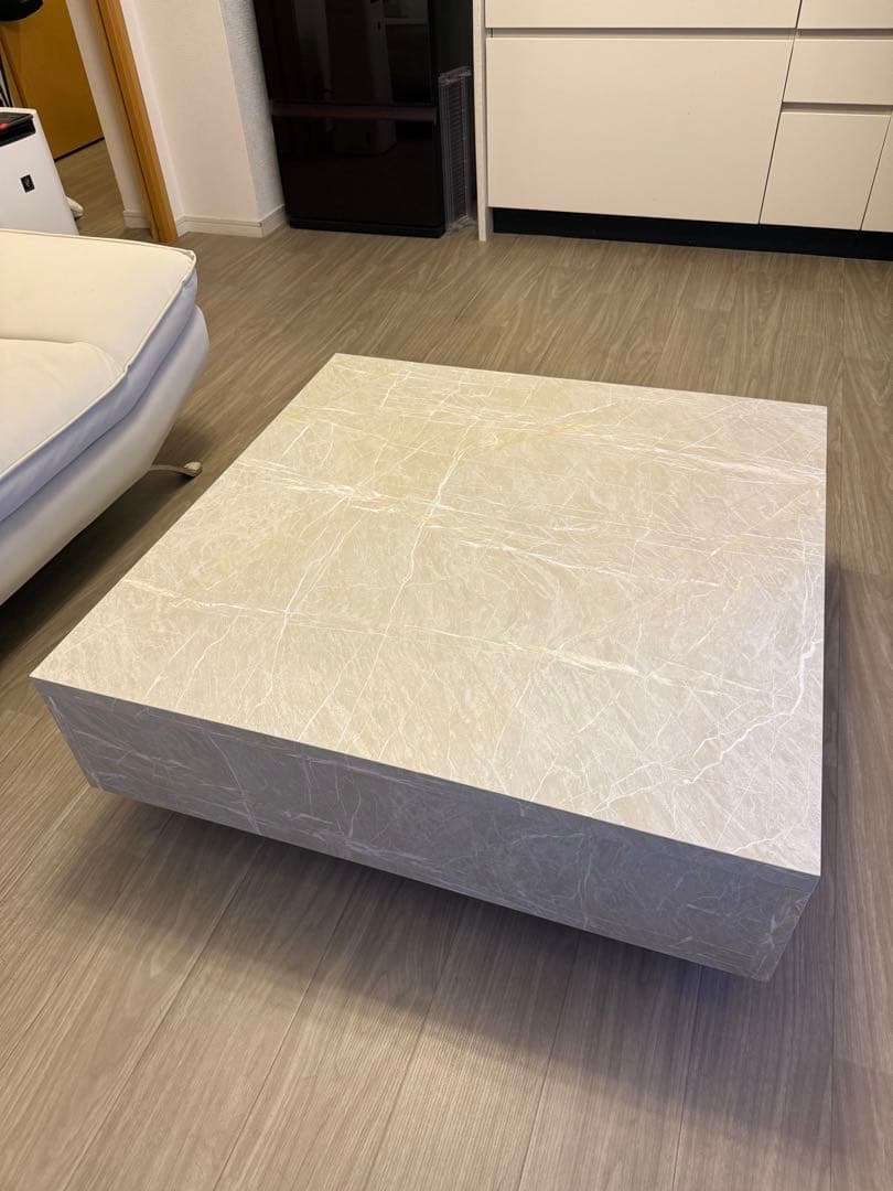 【超美品】 LOWYA センターテーブル 大理石柄 ストーン調ホワイト 引出し付