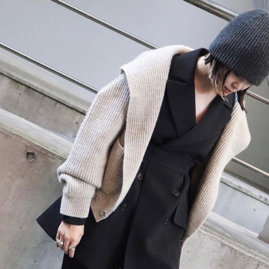 グレー リブ編み フード付きカーディガン