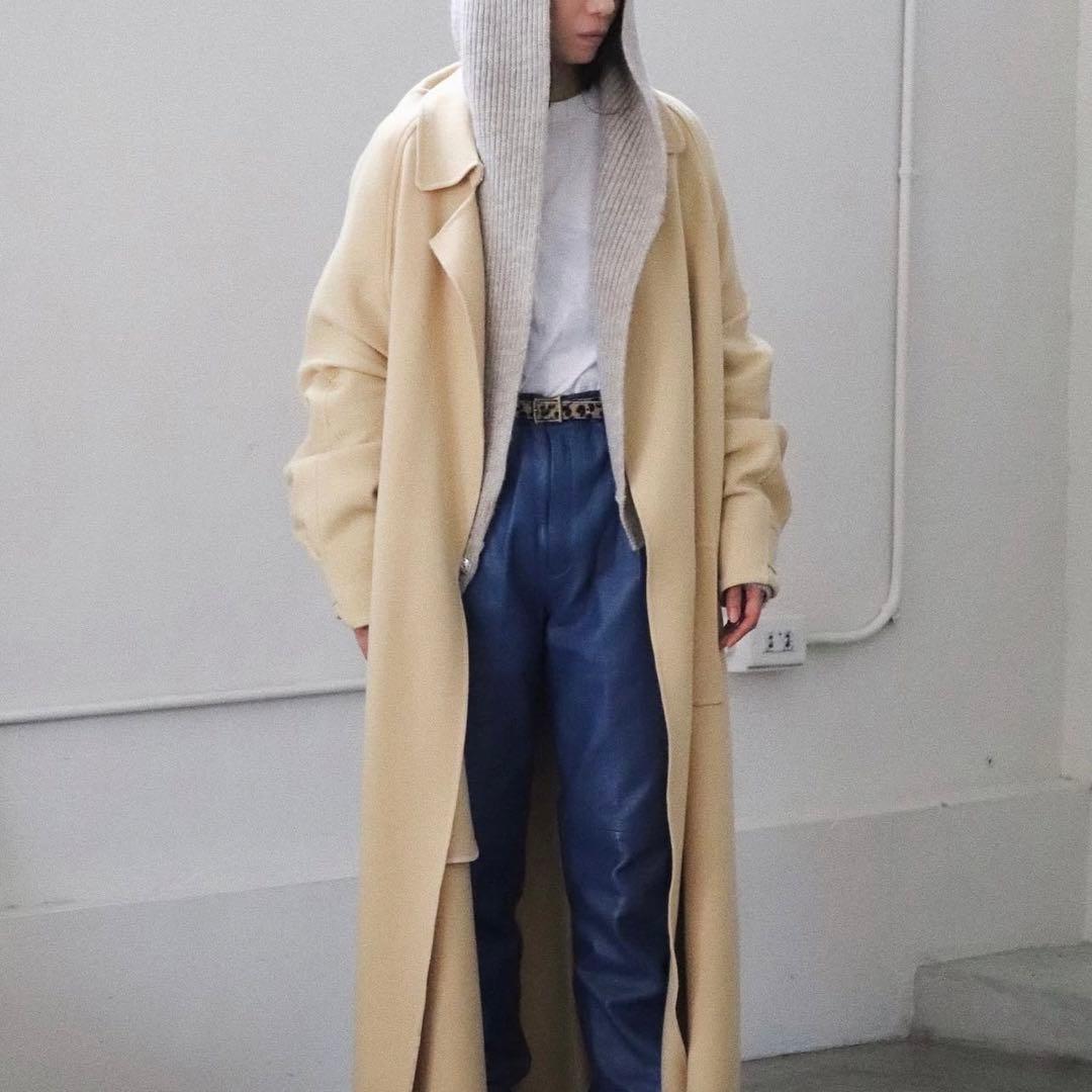 グレー リブ編み フード付きカーディガン