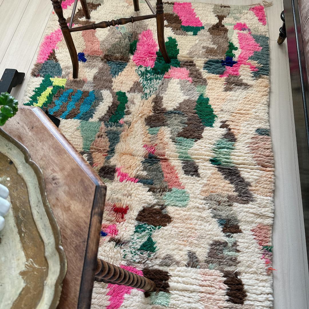 モロッコ製ヴィンテージラグ146 レア ピンク ミントグリーン ブルー