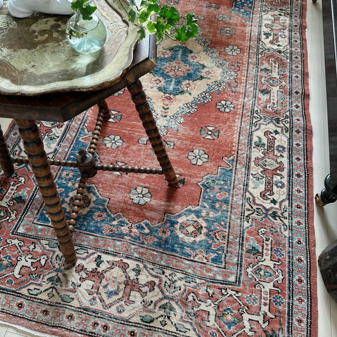 トルコヴィンテージラグ A51 レア オレンジ テラコッタ ネイビー グリーン