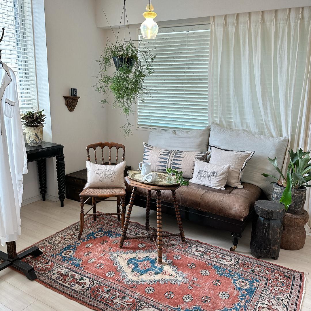 トルコヴィンテージラグ A51 レア オレンジ テラコッタ ネイビー グリーン