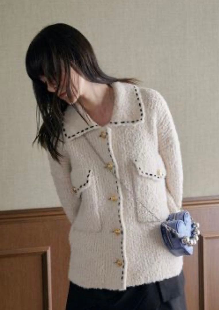 COEL　ステッチブークレーニットジャケット アイボリー