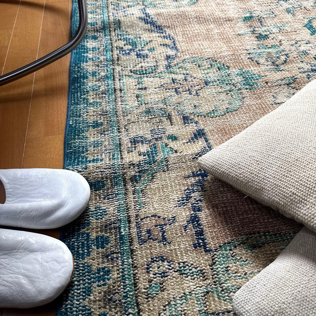 大判172×235淡いブラウンベージュ×ブルー　擦れトルコヴィンテージラグ