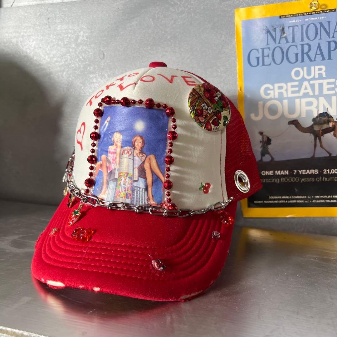 リメイク キャップ 原宿系 チェーン スタッズ ドクロ ハート Y2K グランジ