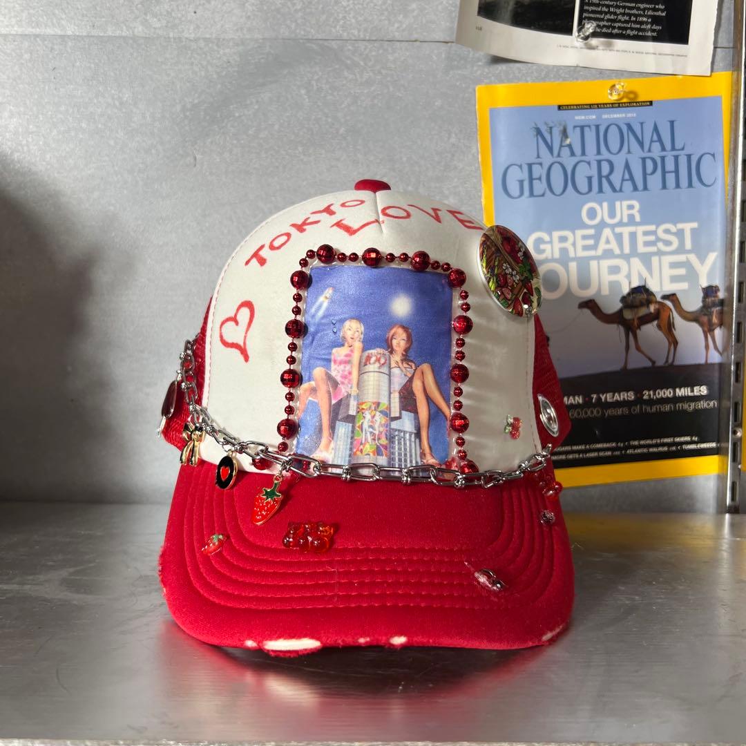 リメイク キャップ 原宿系 チェーン スタッズ ドクロ ハート Y2K グランジ