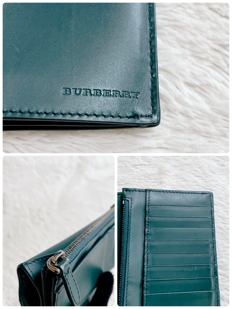 美品 付属完備 BURBERRY バーバリー ロゴ レザー 長財布 折り財布 緑