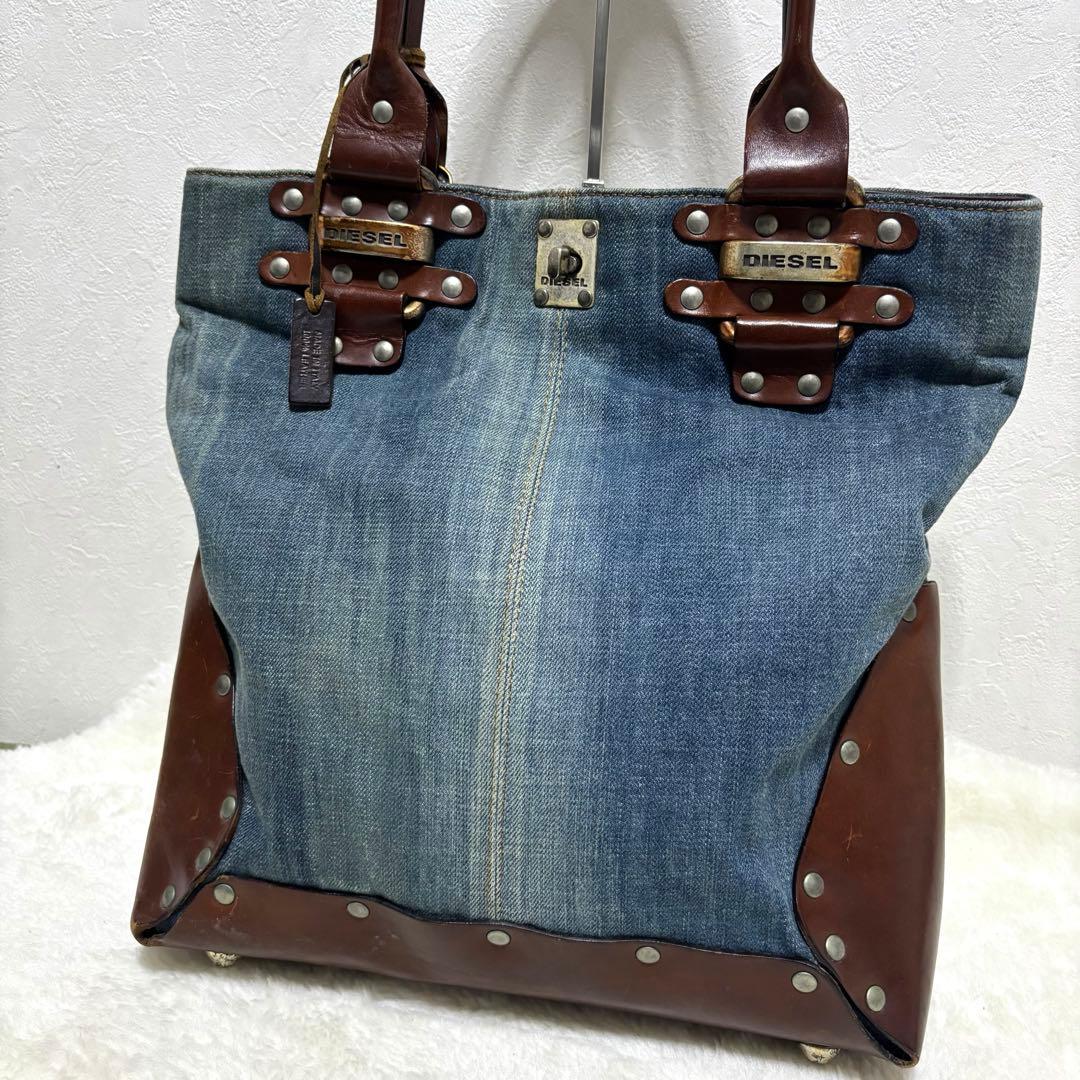 【極希少】ディーゼル トートバッグ デニム レザー A4 肩掛け スタッズ