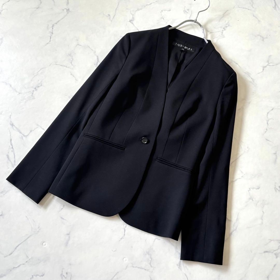 【美品】 INDIVI ウール ノーカラージャケット パンツ セットアップ