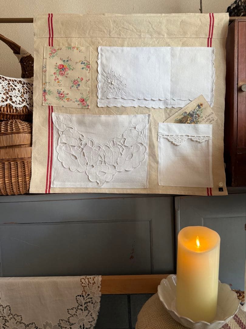 フランスアンティークஐ⋆*大人可愛いウォールポケット・リネン・花柄・刺繍