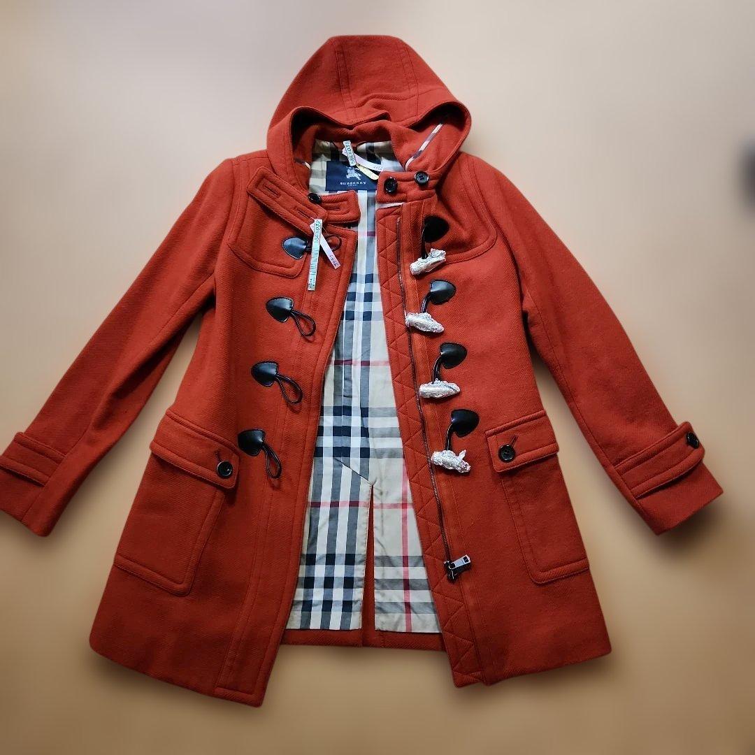 BURBERRYオレンジ ダッフルコートフード一体型ノバチェック
