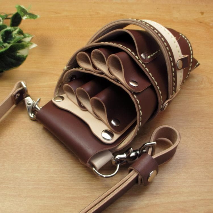 ブラウン＆ナチュラル　６丁　革ベルト付　本革シザーケース　SCL-158/CBA