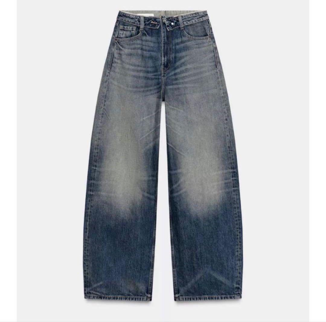 ZARA TRFミッドライズ折り返しウエストデニムパンツ　XS EU32(5号)