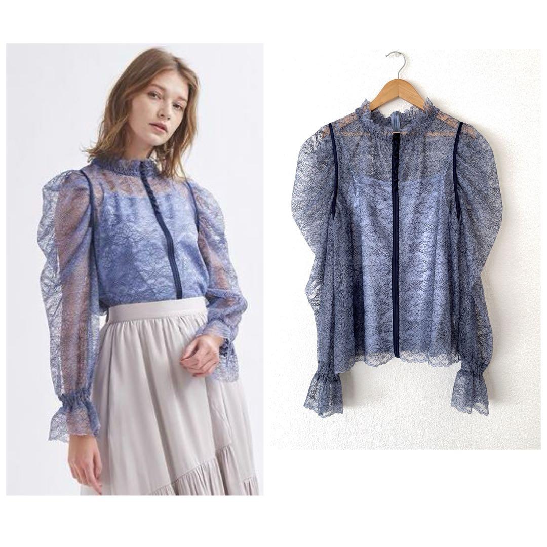 ランバンオンブルー 38 バイカラーレースブラウス ブルー