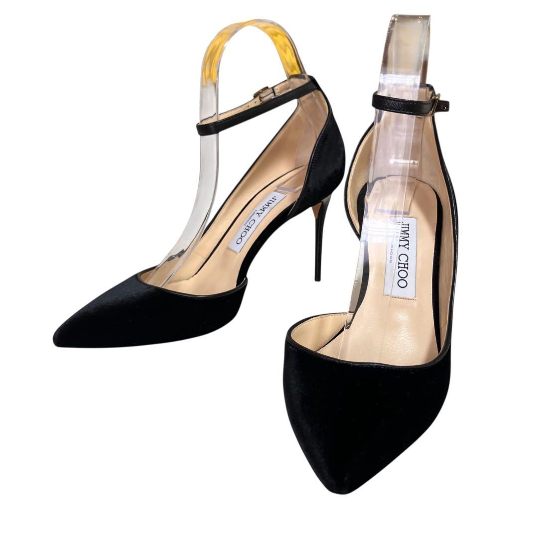 アッパー美品✨ジミーチュウ 黒 ベロア アンクルストラップ パンプス 23.5