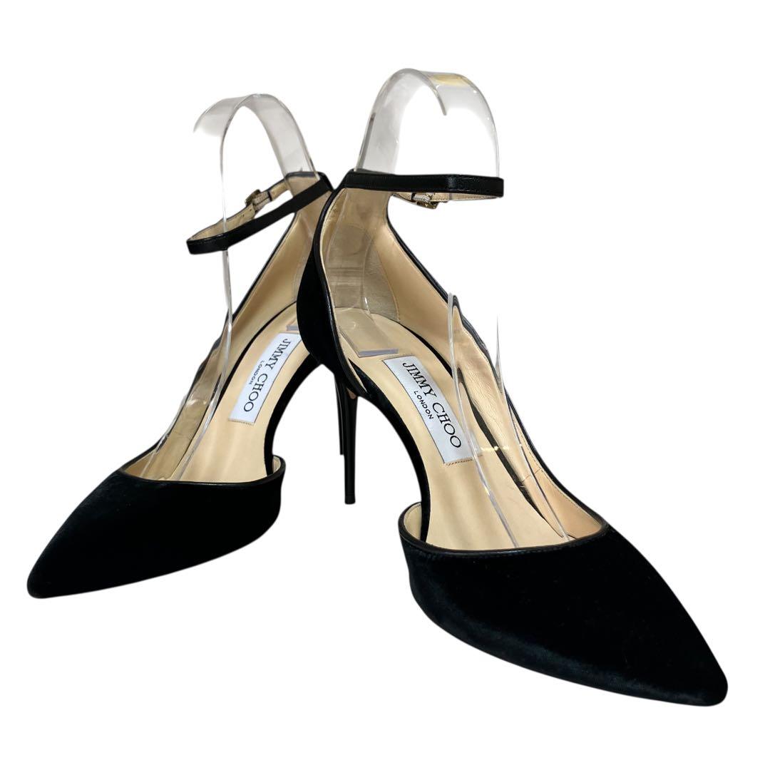 アッパー美品✨ジミーチュウ 黒 ベロア アンクルストラップ パンプス 23.5