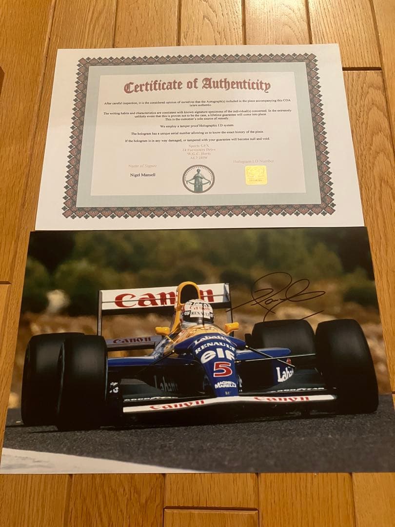 ナイジェル　マンセル　直筆サイン　ウィリアムズ　ルノー　証明書付き