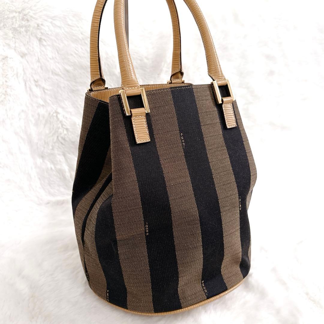 フェンディ ハンドバッグ ペカン バケツ型 キャンバス レザー ストライプ 希少