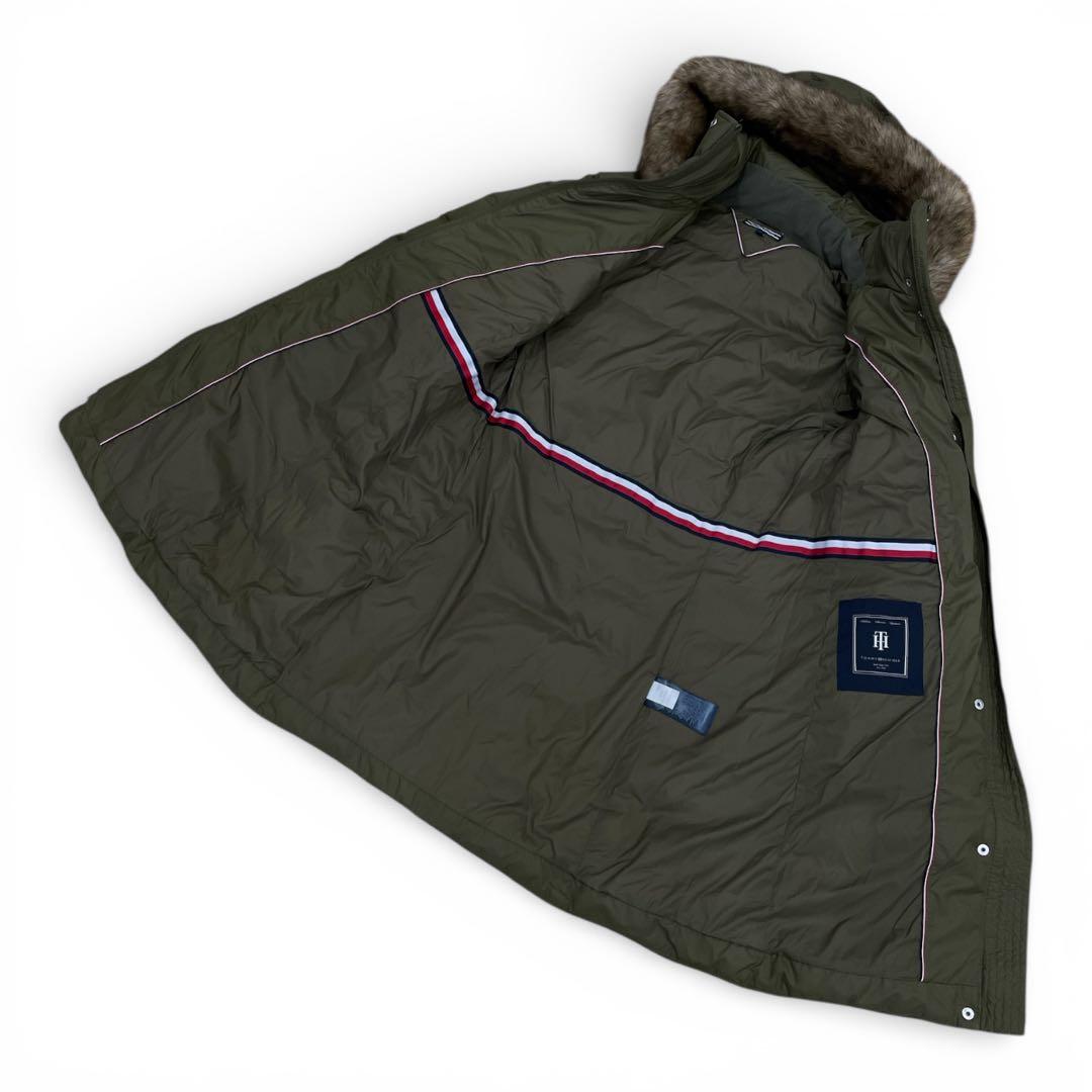 美品　トミーヒルフィガー　ダウンジャケット　ロング丈　フード付　カーキ　L