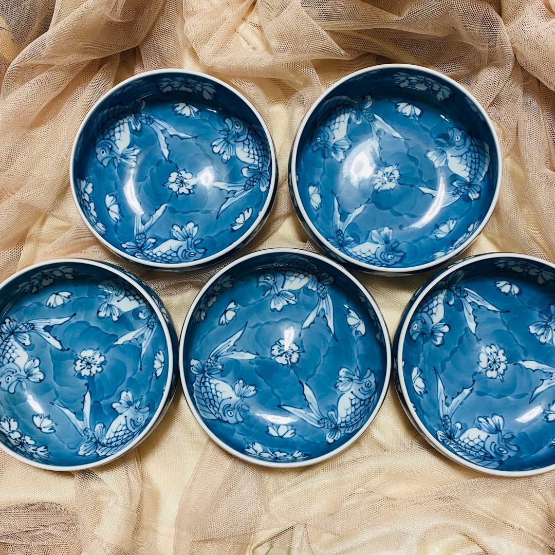 源右衛門窯 染付魚花文皿 5枚 魚花紋 中皿 中鉢 白 青 古伊万里 お正月に