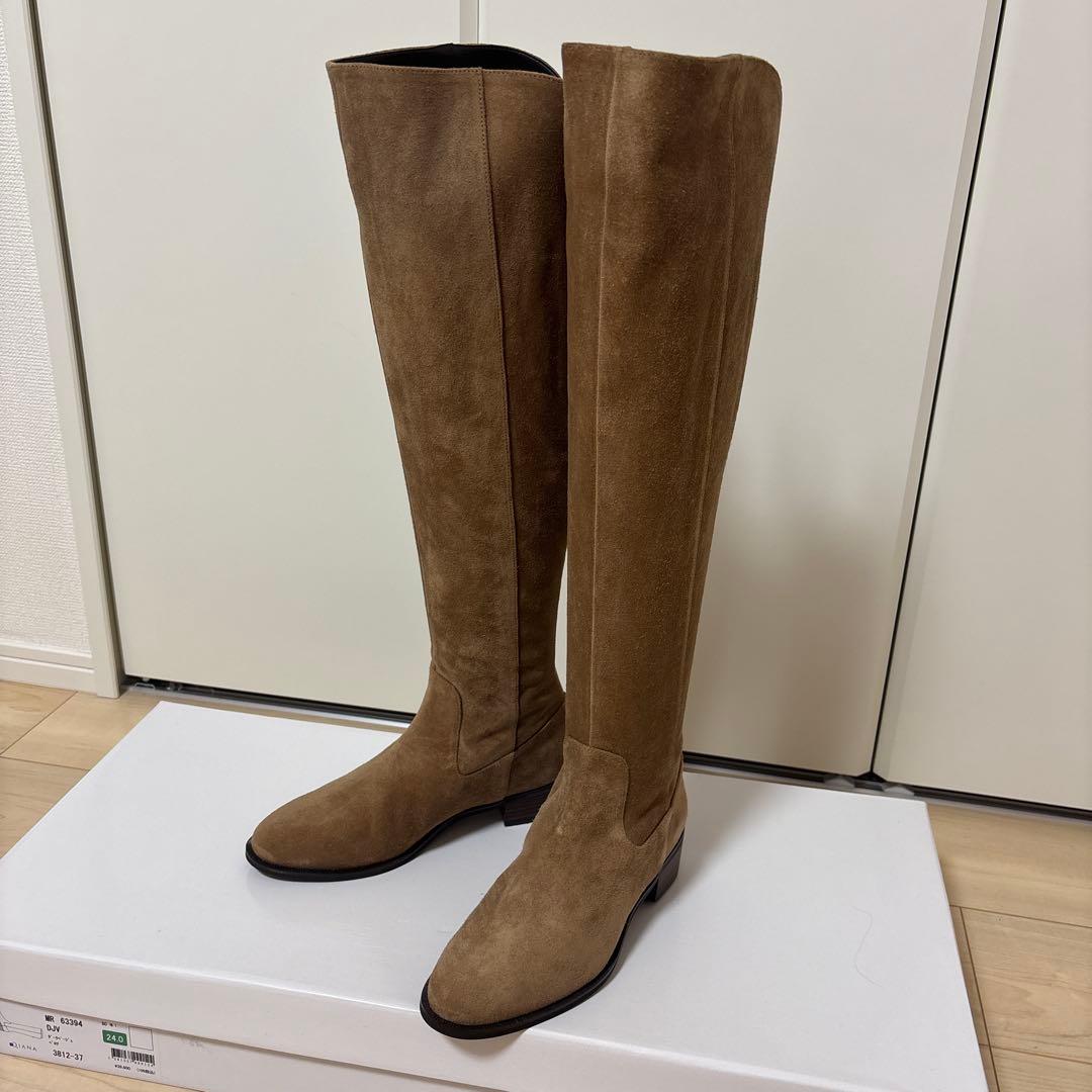 ベージュ スエード ニーハイブーツ