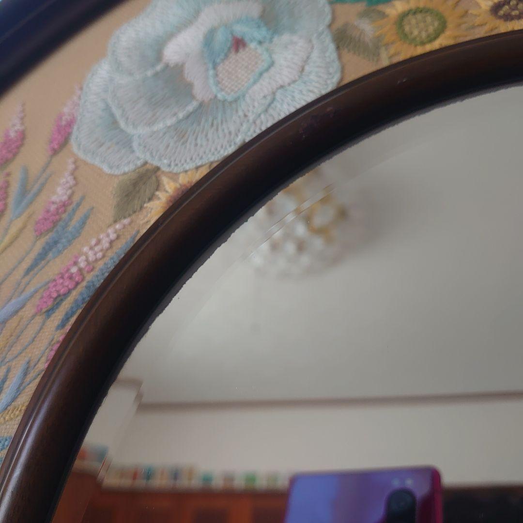 フランス雑貨　鏡　花　刺繍　レース　大型ミラー　木製フレーム　オーバル型