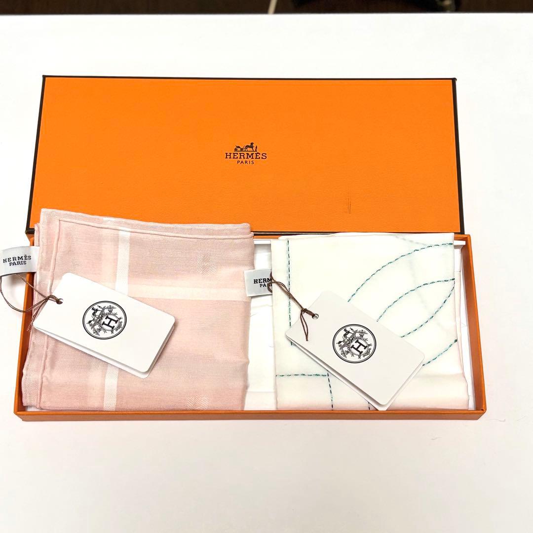 【新品】HERMES エルメス カレ ハンカチ ピンク 白 2枚 セット売り