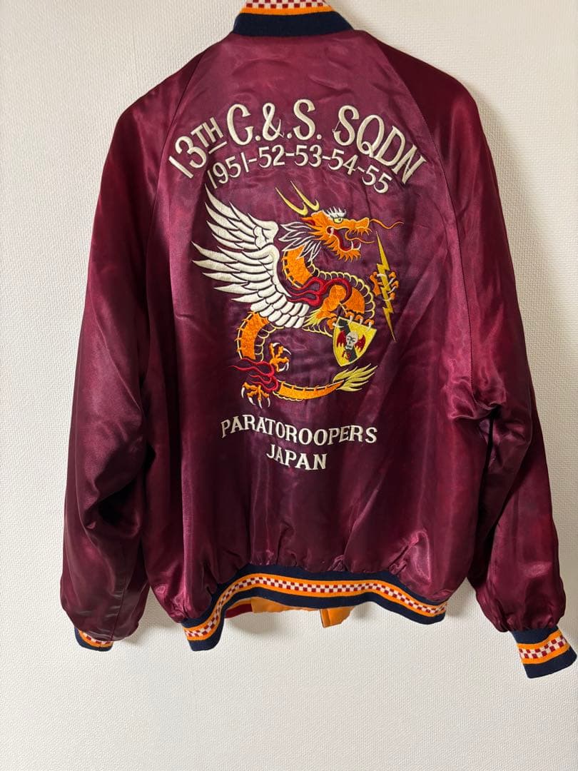 スカジャン バーガンディ オレンジ刺繍