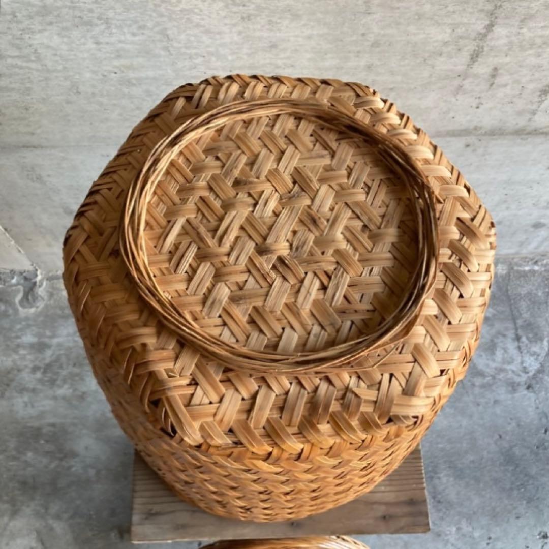 大きな竹籠 カゴ バスケット 大型 収納 保存 蓋付き 編み込み 工芸品 レトロ