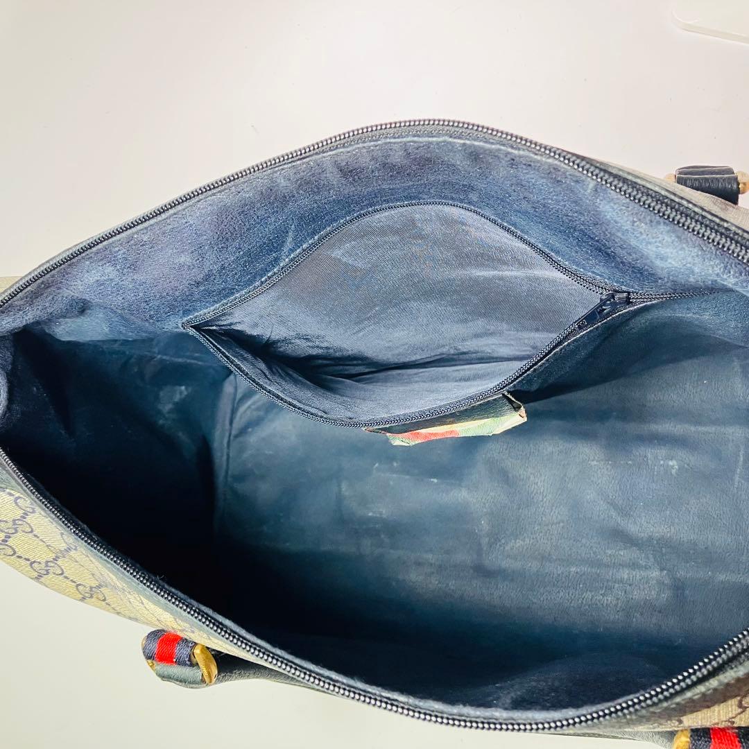 美品　オールドグッチ シェリーライン ボストンバッグ ネイビー レザー A4