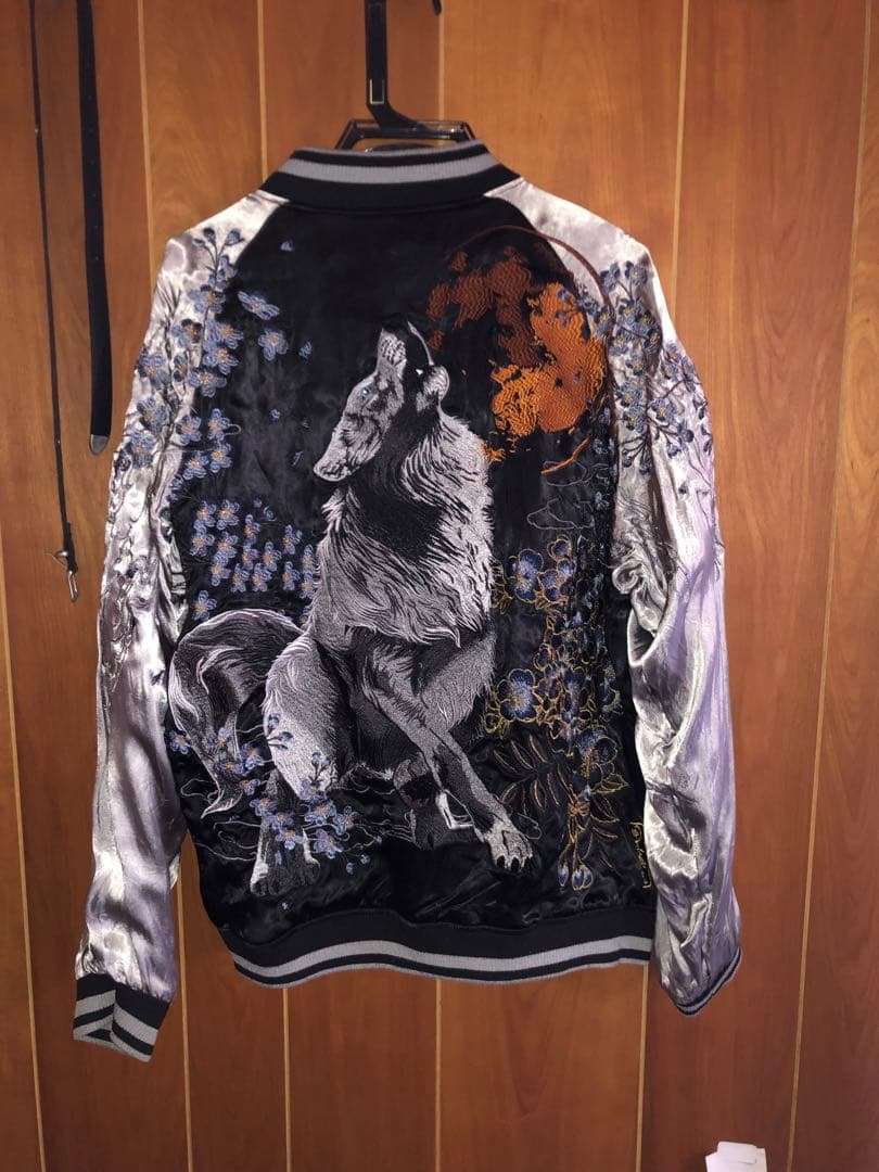 絡繰魂 和柄 スカジャン メンズ 総刺繍 リバーシブル 満月 夜 銀狼 遠吠え