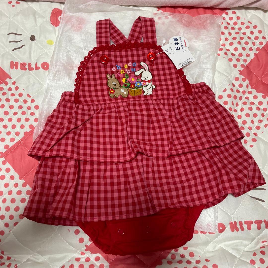 【チエコサク】チェック柄スカート付きロンパース　M(80〜90)