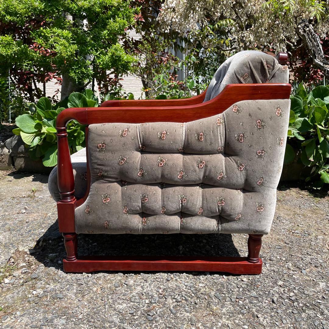 【美品】新象 シングルソファ 1P アンティーク 花柄　グレー　レトロ　ソファ