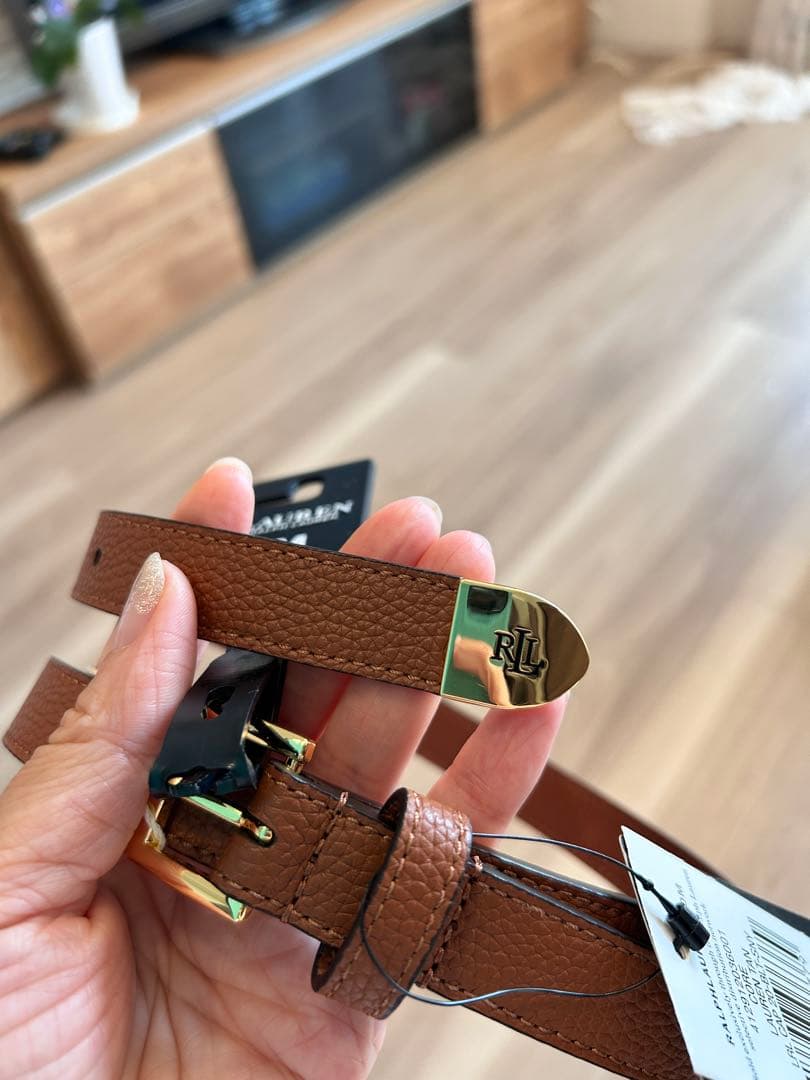 凛ラルフローレン リバーシブル レザーベルト ロゴバックル 茶色 (M)