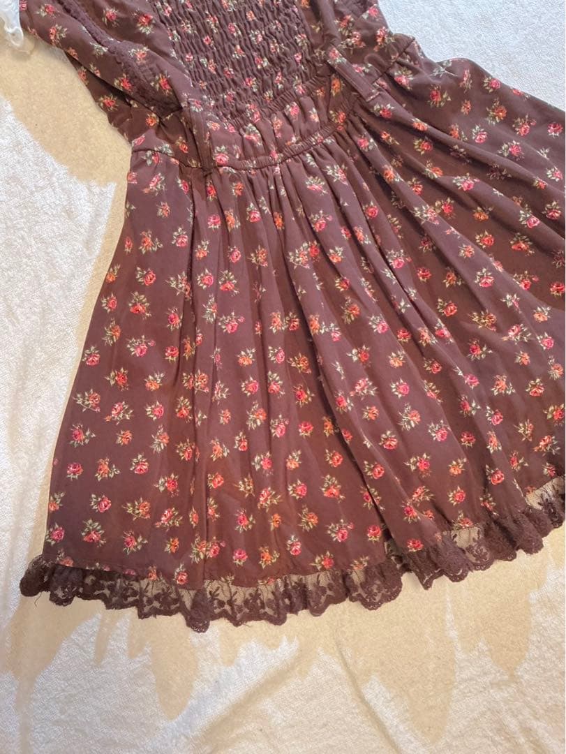 LIZLISA 希少 BIGリボンAラインワンピース 重ね着風 ローズ柄 姫カジ