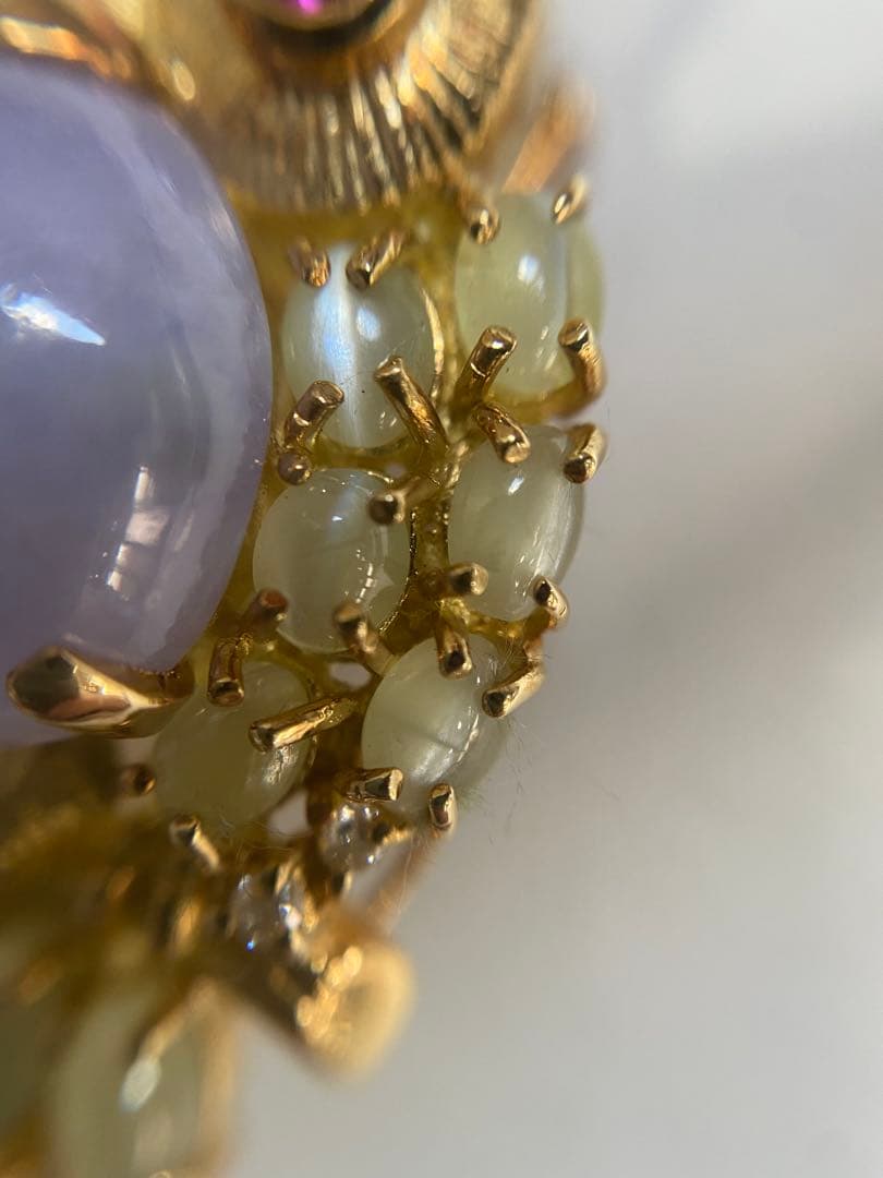 K18 フクロウ　ブローチ　翡翠4.21ct R0.26ct、D0.1ct