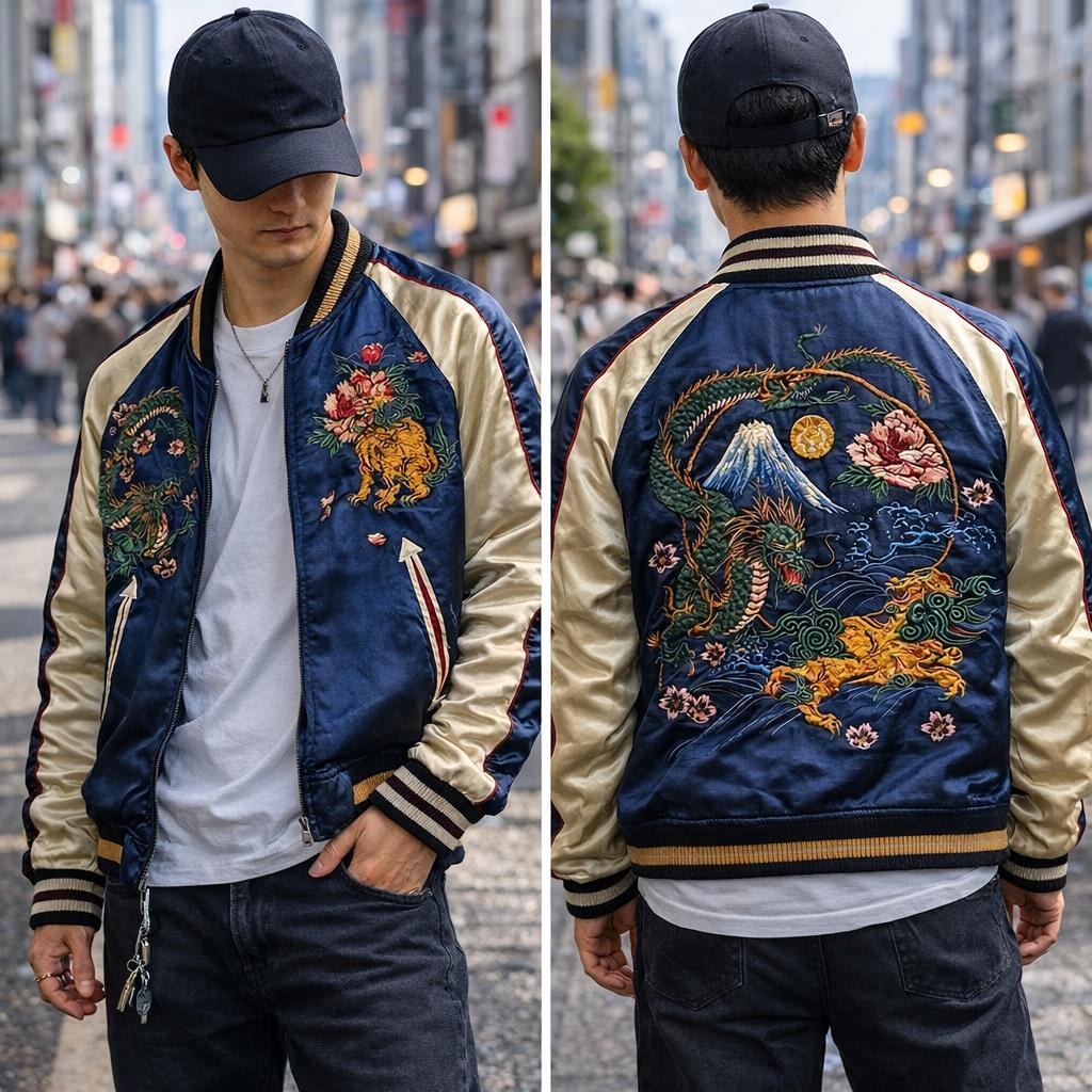 【Yasu】クロップドヘッズ 龍虎 富士山 刺繍 リバーシブル スカジャン