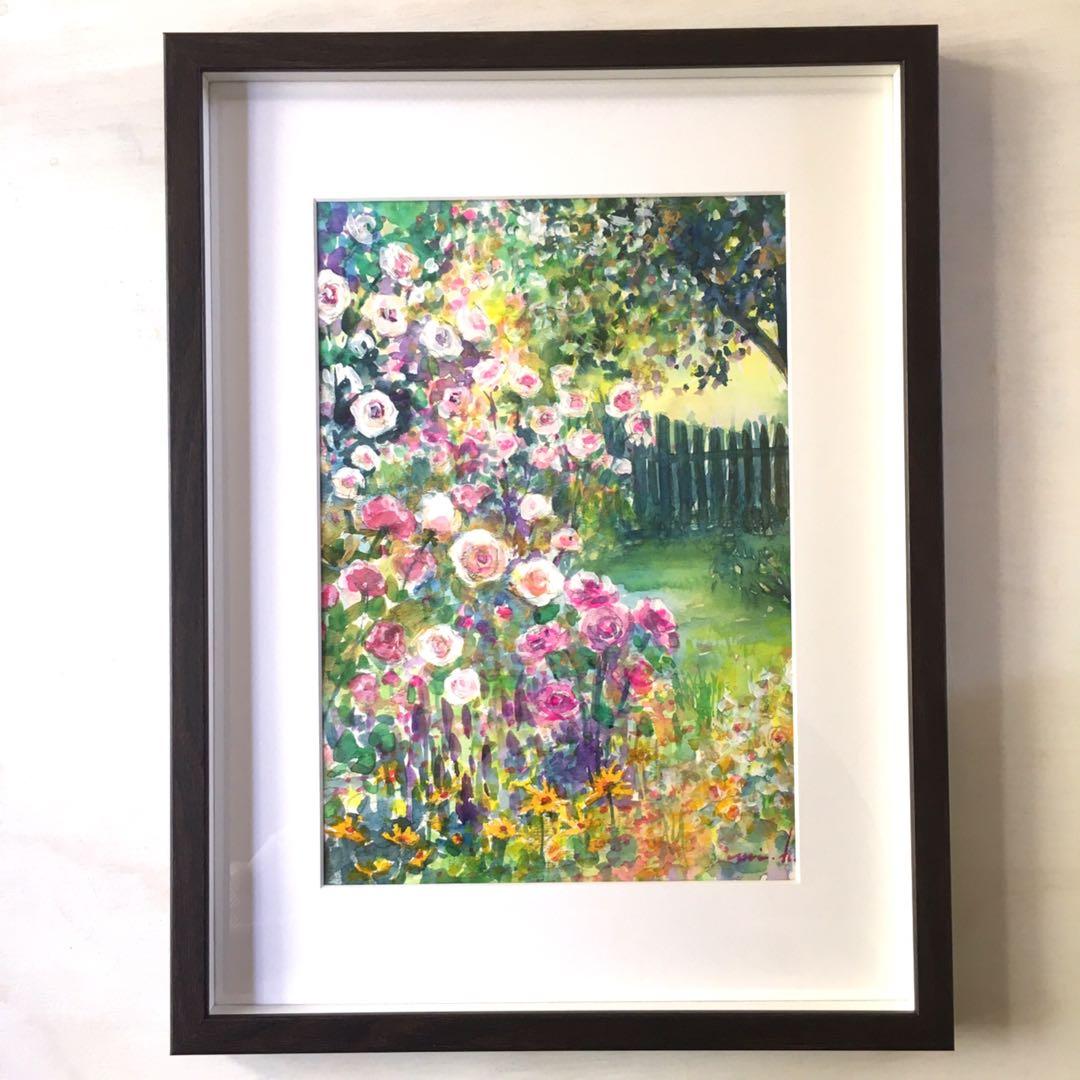 薔薇と遊ぶ光の庭　ブラウン額入り　透明水彩画