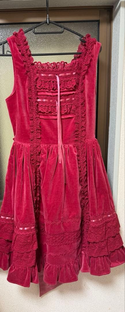 BABY 別珍レースフリルジャンパースカート ヘッドドレス ローズピンク