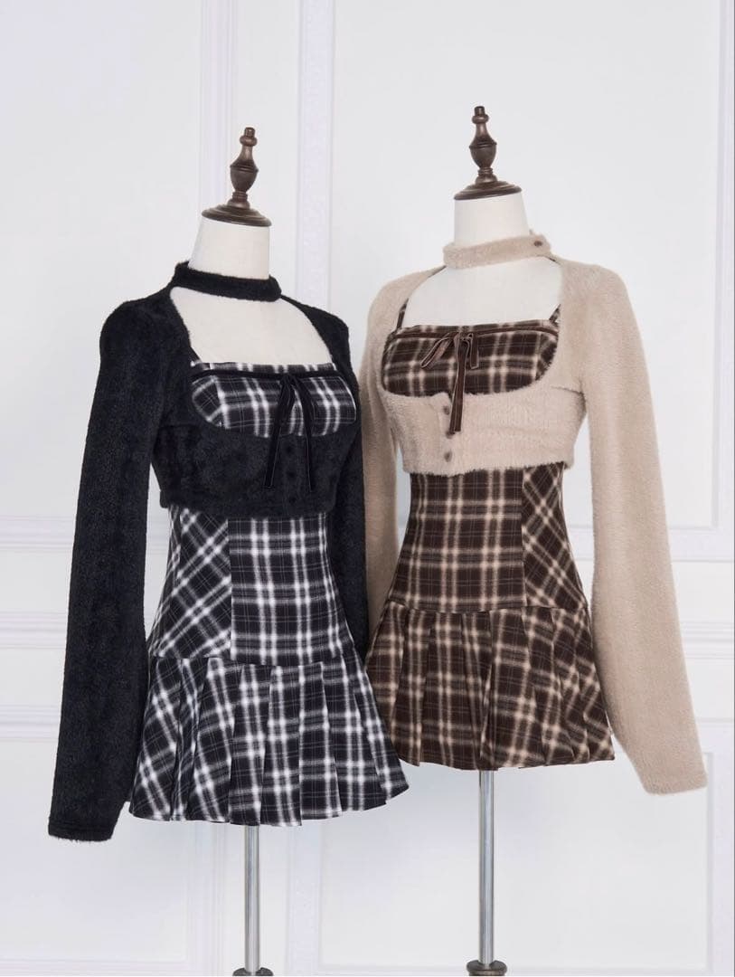 みなBunnyLis ファーボレロ×チェックミニワンピ ブラック Sサイズ