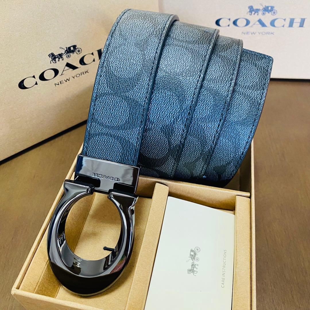 年末セール　COACHコーチ新品正規品リバーシブルレザーベルト回転バックル
