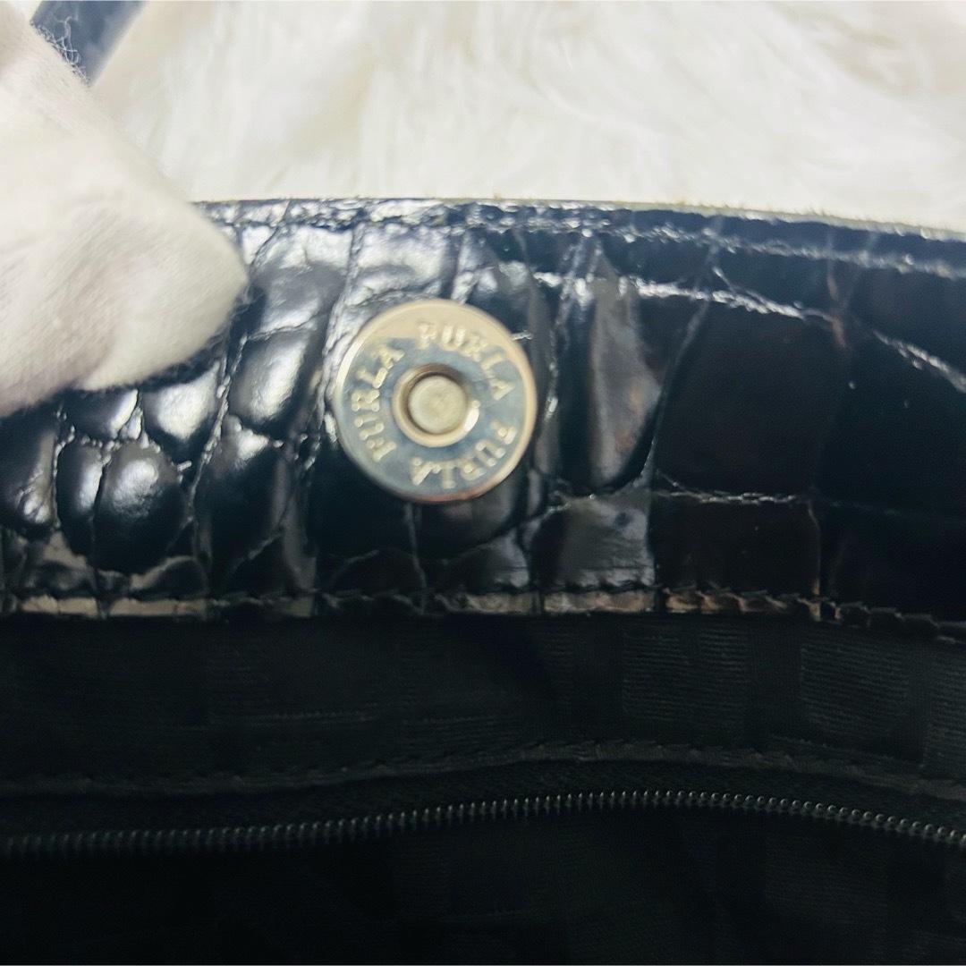 FULRA フルラ 本革 レザーハンドバッグ クロコ型押し ブラック