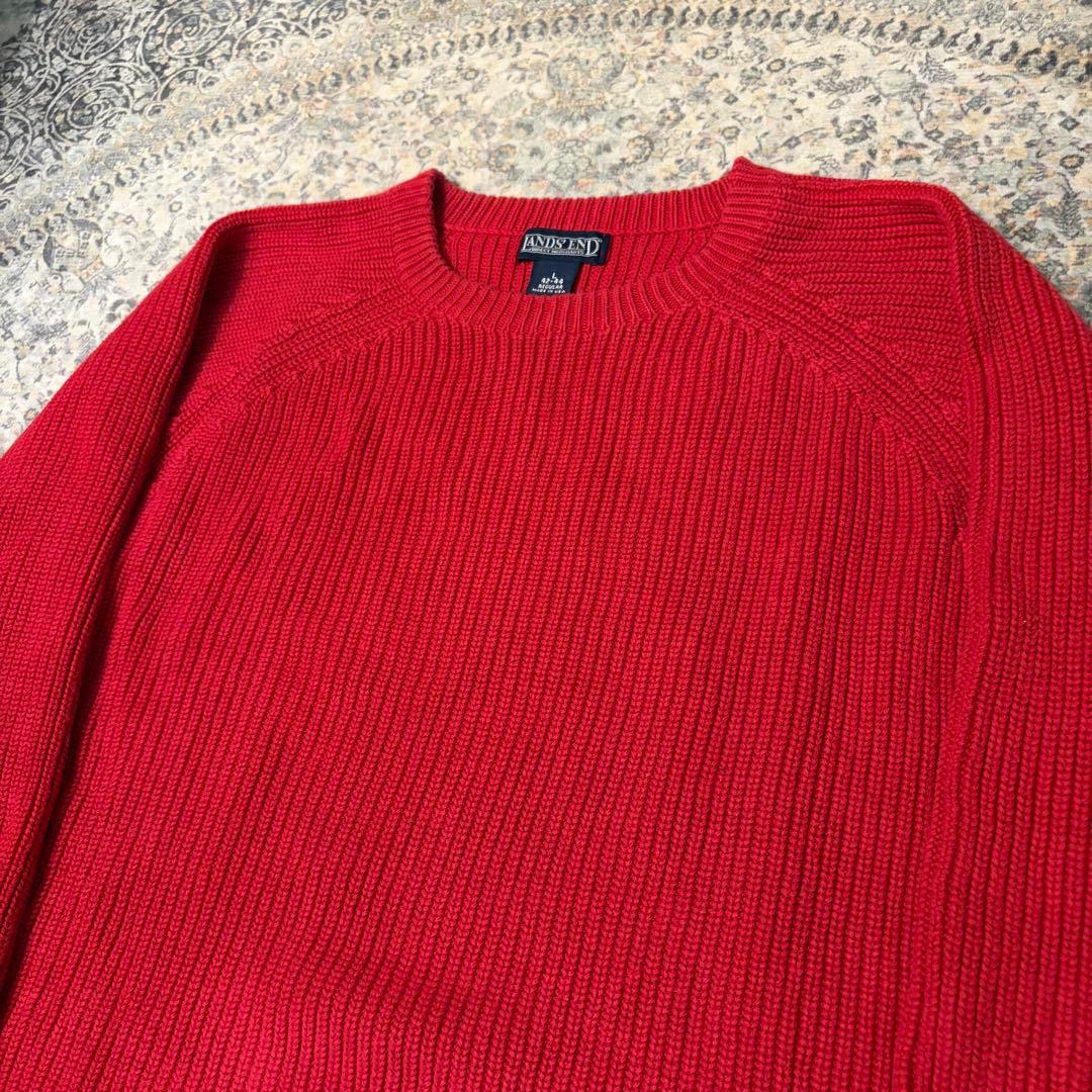 90s USA製 LANDS’END コットンニット ドリフターセーター 赤