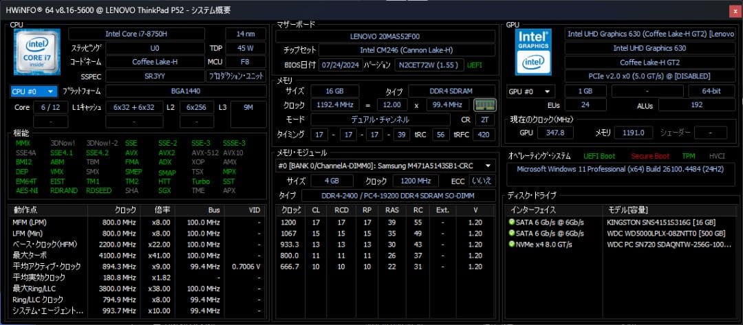 Windowsノート本体 ThinkPad P52 (i7/16G/256+16+500GB/P1000)