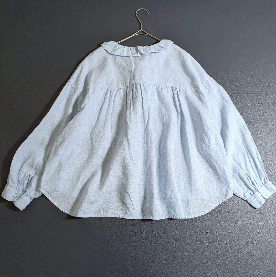ツムグ／立体フリル リネンブラウス ライトブルー サックス 長袖 フリルシャツ