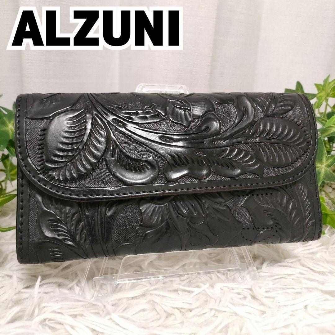 ALZUNI 長財布 ブラック ペイズリー アルズニ 財布 黒 レザー 総柄花柄